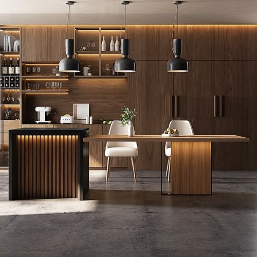 岛台餐桌一体家用岩板导台柜成品定制胡桃木纹厨房吧台中岛台