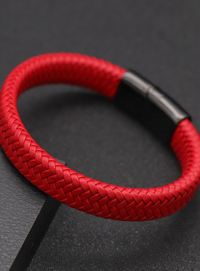 时尚简约红色皮绳编织手链男女本命年个性手环黑色手饰品定制刻字