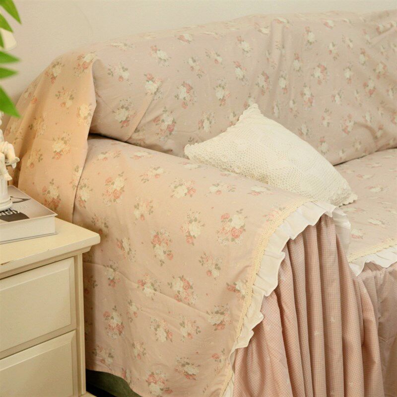 法式韩式复古玫瑰格条蕾丝全棉纯棉沙发巾沙发盖布沙发套沙发罩