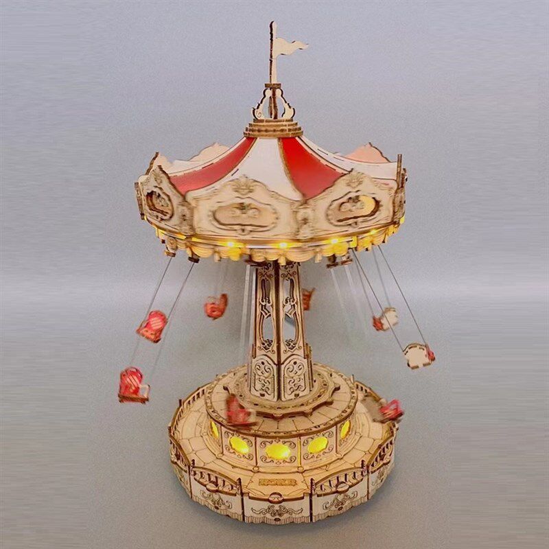 若客木质拼装diy八音盒童话旋转杯木马车音乐盒降落伞玩具模型礼