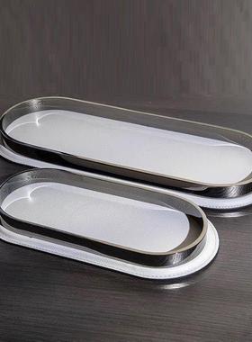 简约现代轻奢皮质金属长方形几何托盘样板房餐厅收纳盘装饰盘摆件