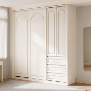 推拉门储物柜子小户型新款 定制实木衣柜家用卧室简易法式 转角衣橱