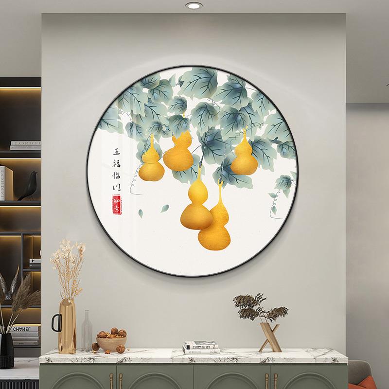 五福临门玄关装饰画圆形入户走廊挂画新中式客厅餐厅寓意好墙壁画