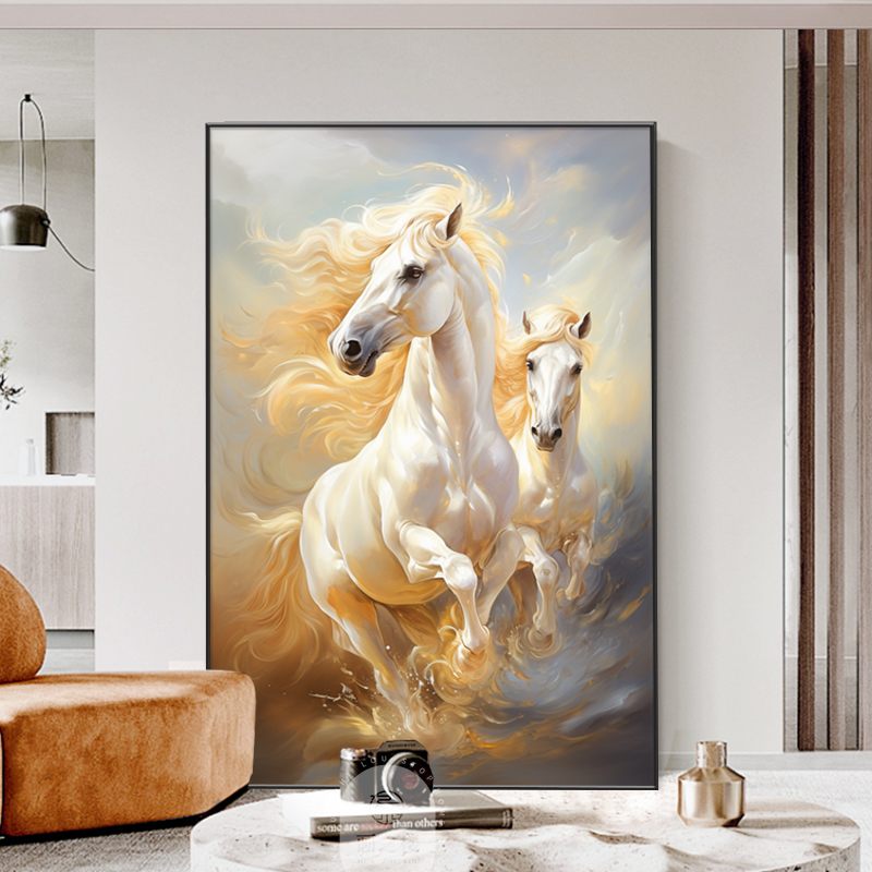 奔跑白色骏马客厅装饰画沙发背景墙壁挂画马到成功简约大幅落地画