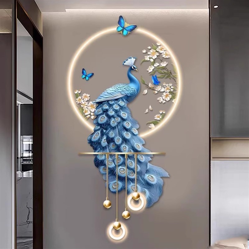 孔雀玄关装饰画高级感立体LED壁灯新中式入户走廊过道挂画2025新图片