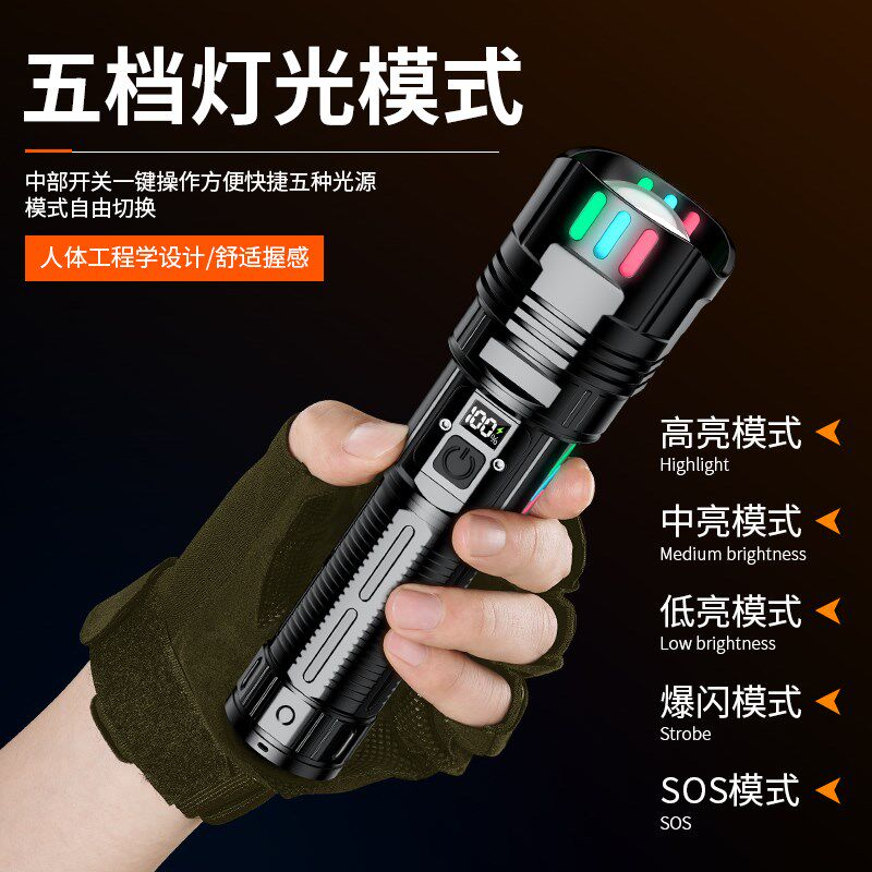 手电筒强光充电式超亮白激光远射耐用户外巡逻家用多功能战术便携