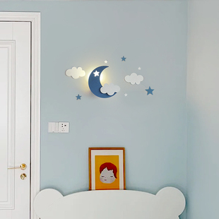 儿童房壁灯女孩男孩充电床头灯卧室免接线月亮星星装饰背景墙夜灯