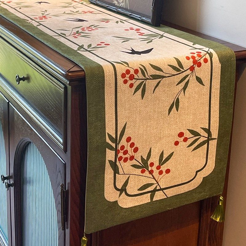 桌旗美式高端五斗柜电视柜餐边柜长条桌布国风桌旗布绿色防尘盖布