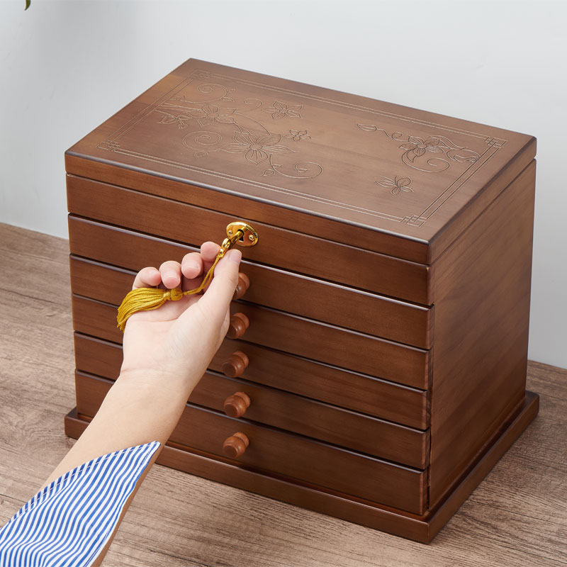 多层全锁实木首饰收纳盒珠宝盒公主中式复古饰品盒生日结婚礼物