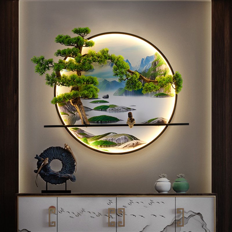 新中式入户玄关装饰画禅意茶室客厅背景墙别墅迎客松山水走廊壁灯图片
