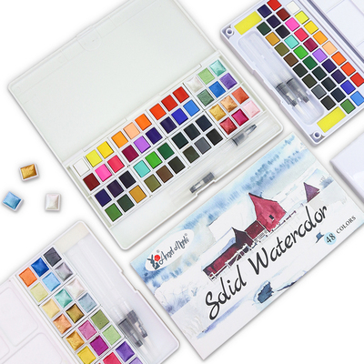 固体水彩颜料24色色美术生手绘专业透明36色48色绘画珠光色铁盒装