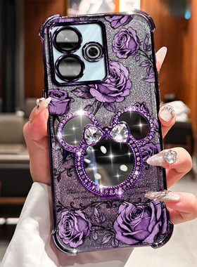 小米POCOM6PLUS手机壳pocom6plus玫瑰印花米奇旋转支架自带补妆镜防摔气囊镜头全包磨砂肤感ins风高端防刮套