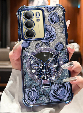 RealmeC75 真我 14X 手机壳 realmec75 真我 14x 玫瑰印花蝴蝶镜面支架高级感电镀高透透明气囊防摔壳