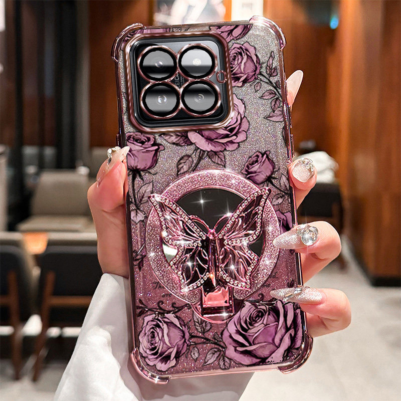 小米 14Pro 手机壳 Xiaomi14pro 高级感磁吸支架玫瑰印花带手链高透透明适用无线充电多色奢感全包镜头壳