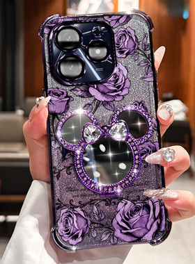 传音TecnoSpark10手机壳tecnospark10玫瑰印花米奇旋转支架自带补妆镜全包防摔全包闪粉渐变多巴胺色系保护套