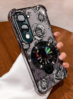 VIVOY04新年款玫瑰印花手机壳vivoy04马上有钱支架国风国潮全包防摔软边框防摔气囊闪粉渐变多巴胺色系闺蜜款