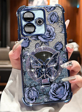 小米 POCOM6-4G 手机壳 pocom6-4g 高级感磁吸支架玫瑰印花四角防摔气囊明星同款闪粉磁吸商务多色潮流款