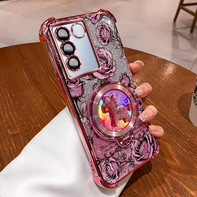 VIVOV25E马上有钱支架手机壳vivov25e玫瑰印花新年款国风国潮全包防摔软边框按键精准闪粉渐变ins风网红款