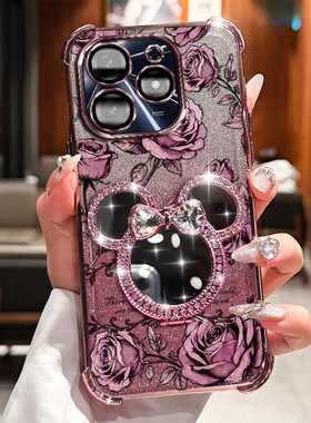 传音TecnoSpark10Pro+手机壳tecnospark10pro+玫瑰印花米奇旋转支架自带补妆镜全包防摔电镀边框轻奢网红壳