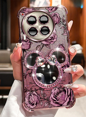 传音TecnoCamon30Pro+手机壳tecnocamon30pro+玫瑰印花米奇旋转支架自带补妆镜防摔软边框磨砂肤感闪粉网红壳