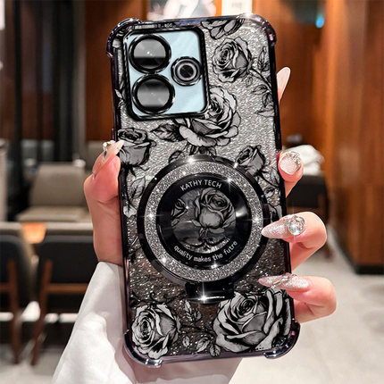 红米Note13R-5G手机壳redminote13r-5g全包防摔高级感闪粉支架玫瑰印花四角气囊磨砂纯色ins风轻奢小众防刮套