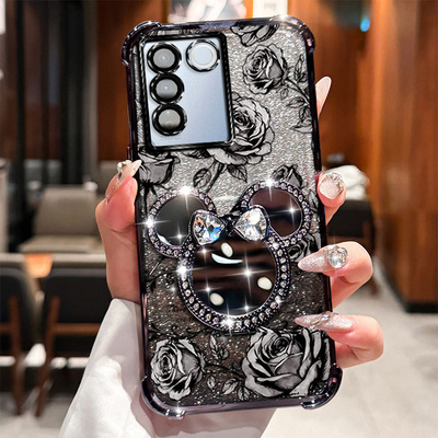 VIVOV25E米奇旋转支架手机壳vivov25e玫瑰印花自带补妆镜全包按键精准防尘塞设计闪粉渐变ins风网红款