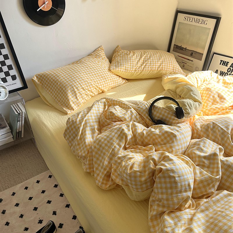 日式简约黄色小格水m洗棉四件套软糯全棉被套床单人学生宿舍三件