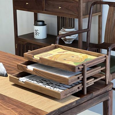 敲云黑胡桃木文件置物架实木桌面整理架樱桃木抽屉式三层收纳盒子