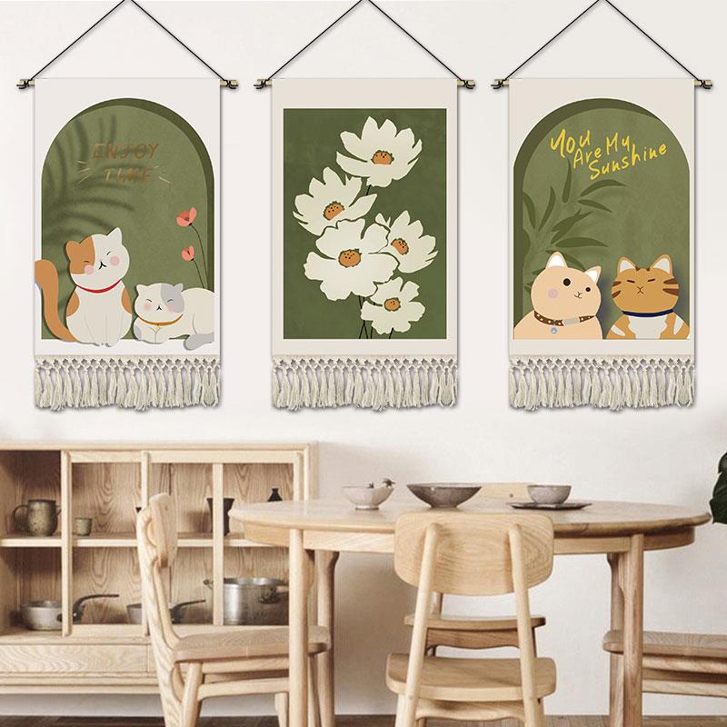 小清新猫咪挂画布艺温馨儿童房装饰画女孩宿舍卡通挂毯幼儿园挂布图片