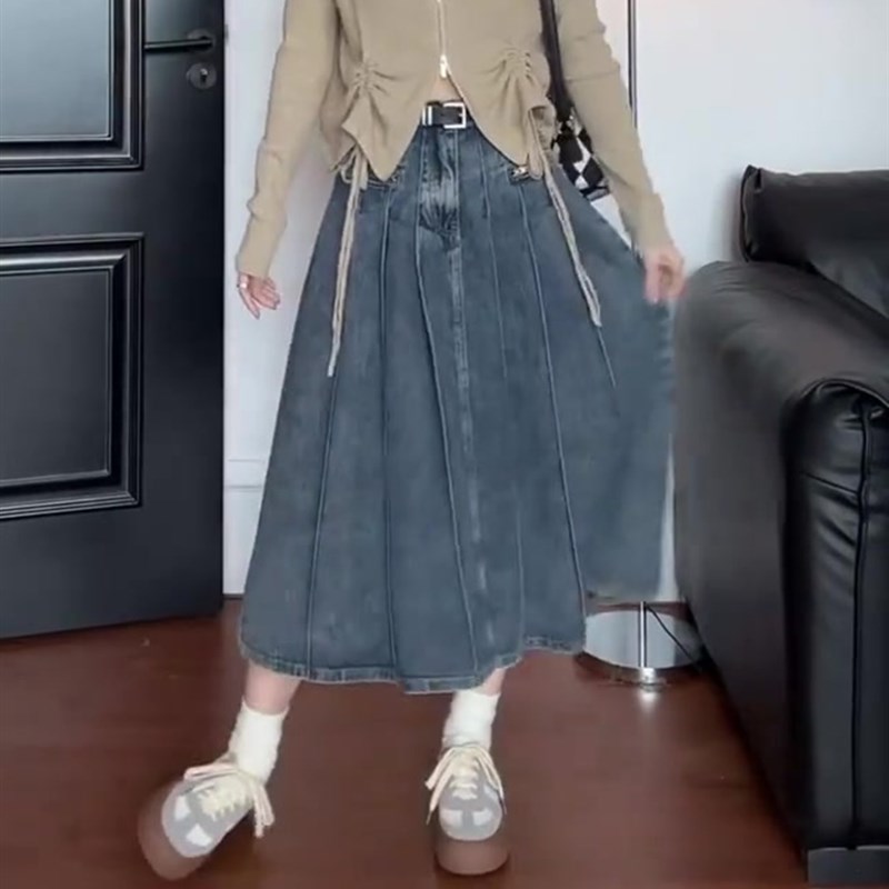 GUIER桂儿复古百褶p牛仔半身裙女秋季新款高腰遮跨气质拉链A字短