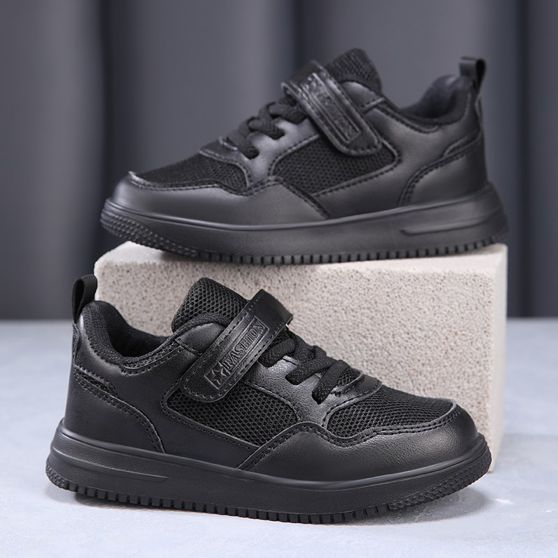 奥特莱斯折扣小黑鞋男童表演皮鞋中大童全黑色板鞋儿童休闲鞋纯黑