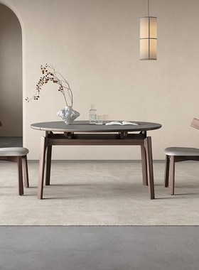 意式灰色岩板餐桌可伸缩圆形家用小户型饭桌椅现代简约实木圆餐桌