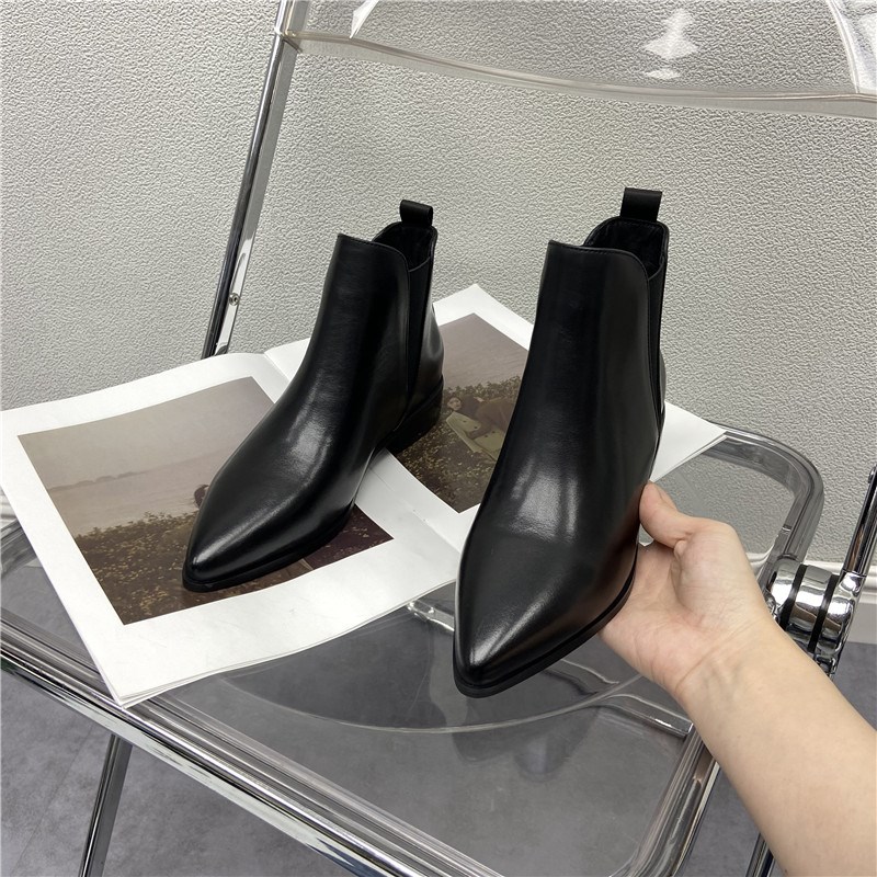 尖头切尔西靴女22秋季新t款断码处理真皮女靴英伦风粗跟牛皮女短