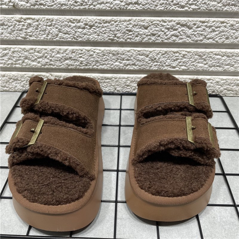 断码处理真皮松糕厚底勃肯毛t毛鞋女外穿2024新款冬季毛茸茸棉拖