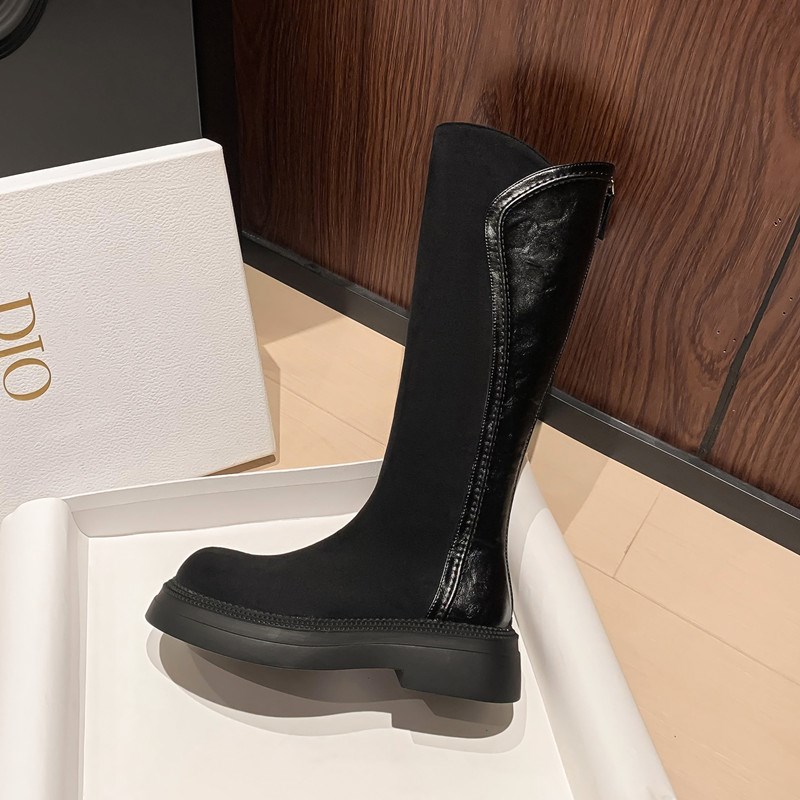 不过膝高筒靴女坡跟松糕底复古长靴厚底真皮拼P接骑士靴显瘦长筒