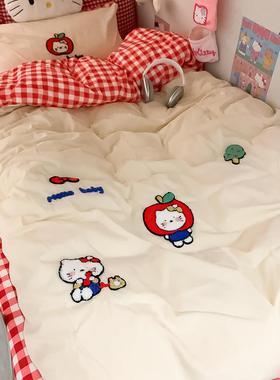 大学生宿舍床上三件套可爱Kitty刺绣床单被罩枕套家用情侣四件套