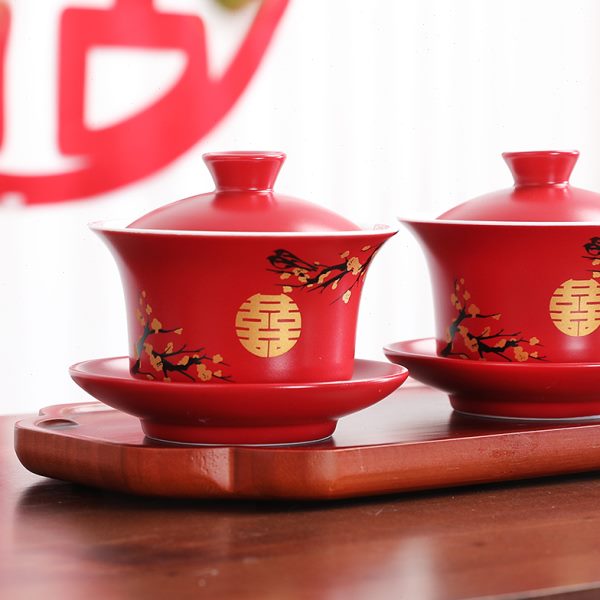 结婚敬茶杯4个新婚礼改口喜杯茶具喜碗套装子孙红对碗一对陪嫁碗