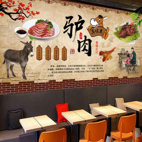 三3d复古驴肉馆火锅美食背景墙纸餐饮饭店餐厅壁画火烧驴肉汤壁纸