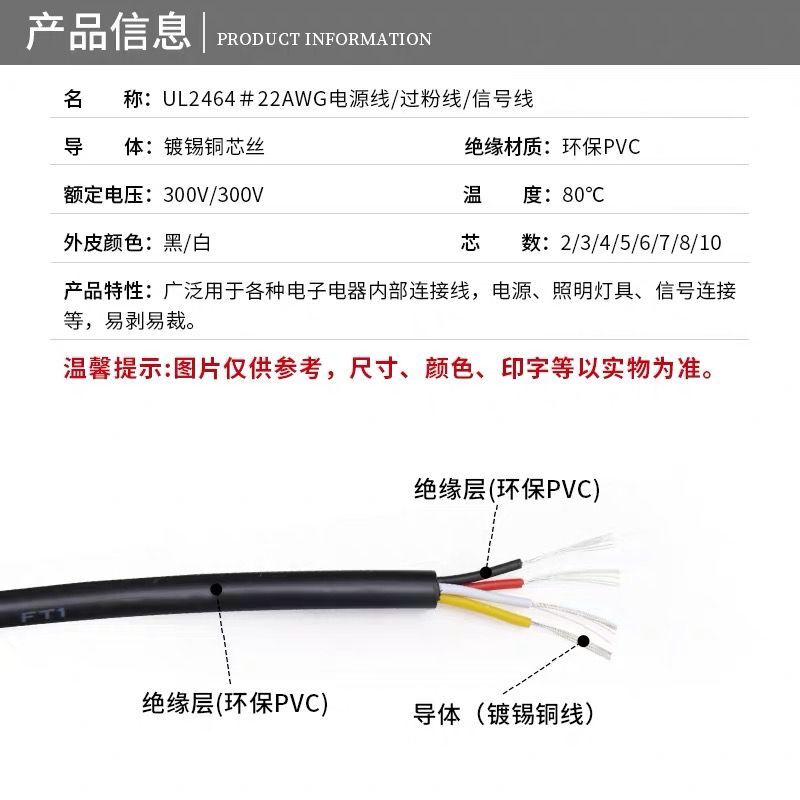 UL2464#22AWG2 3 4 5 6 7 8 9 10芯护套电源线 美标镀锡多芯线