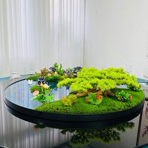 新中式大圆桌电动转盘中间装饰花艺摆设酒店餐桌花造景微景观摆件