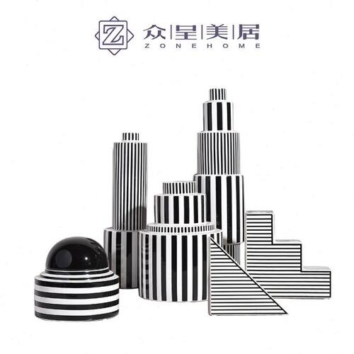北欧现代简约黑白条纹陶瓷花瓶样板房酒店创意几何装饰品摆件花器