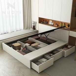 现代实木抽屉床无床头小户型收纳C储物侧开松木排骨架高箱床榻榻