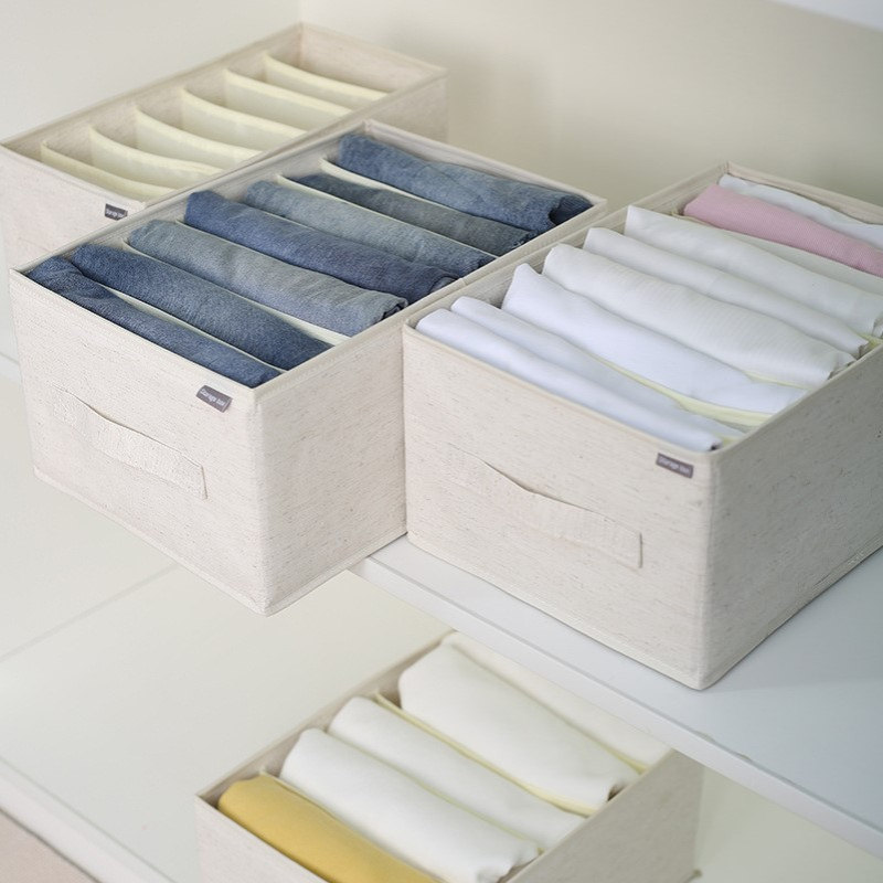 派士龙新款天山棉麻分格收纳盒家用衣裤抽屉式储物盒带手提可水洗