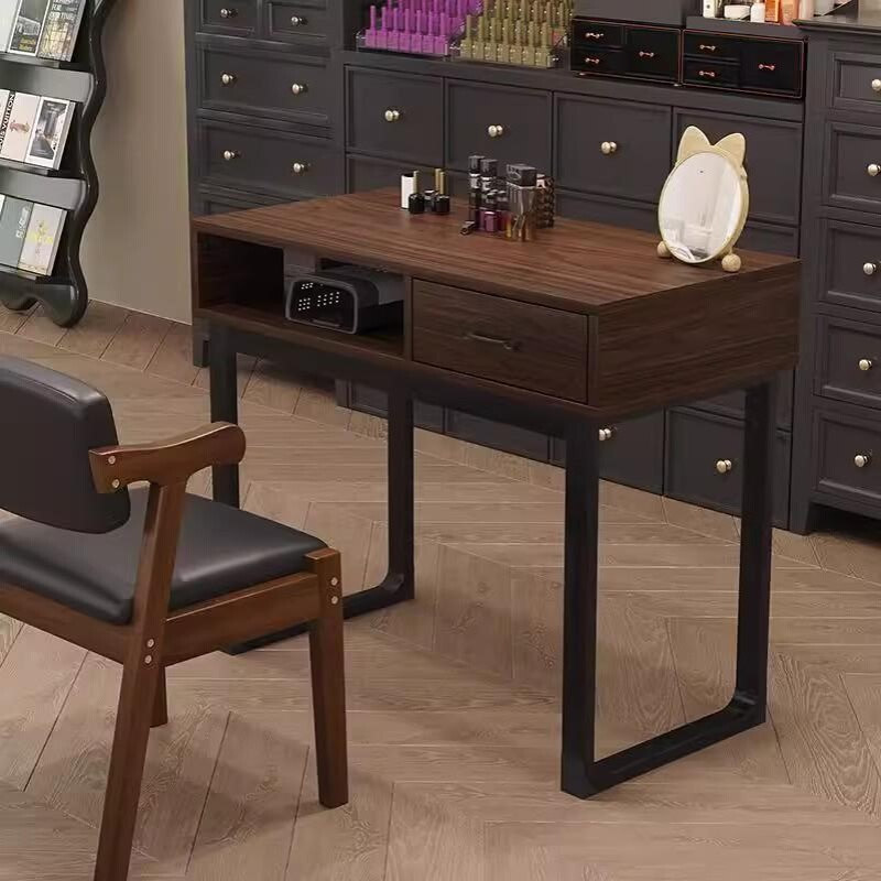 复古胡桃色美甲桌新款升级夹灯孔美甲工作台单双人美甲店专用桌子
