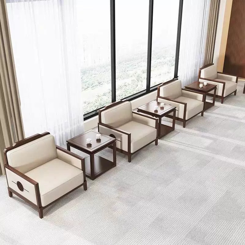 新中式办公室沙发会议室接待贵宾洽谈单人酒店售楼处会客实木组合
