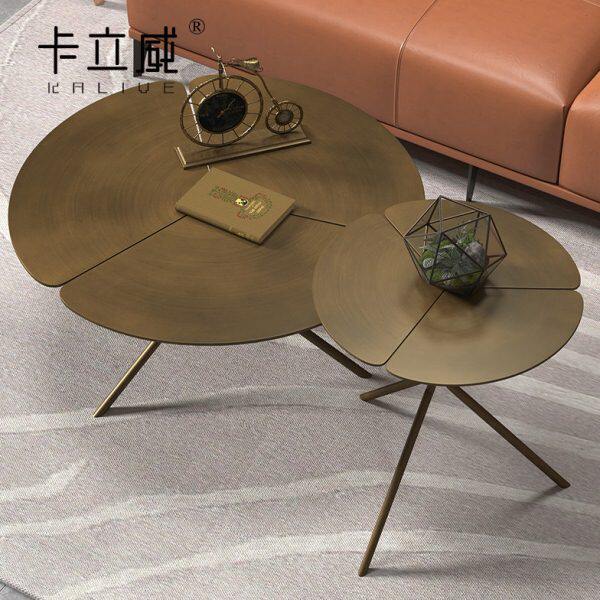 意式极简圆形茶几花瓣客厅侘寂风大小圆茶几组合角几古铜拉丝边几