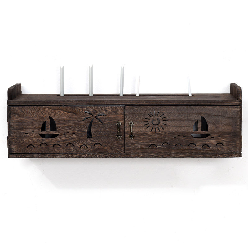 实木无线路由器电源双开门收纳盒箱wifi猫机顶盒置物架插座插线板