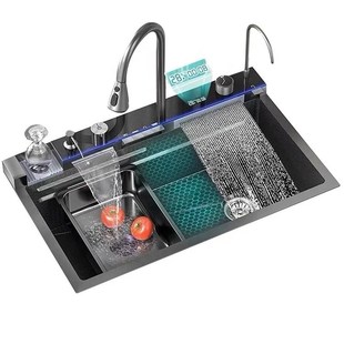 鲸鱼5键飞雨水槽不锈钢304水槽厨房水槽飞雨瀑布鲸鱼双瀑布洗菜盆