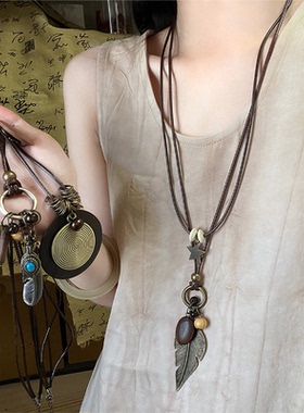 民族风穿搭禅意叠戴毛衣链秋冬女