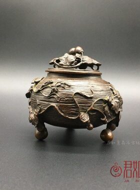 复古包浆 多子多福葫芦香炉摆件 创意铜香炉葫芦藤浮雕熏香炉铜炉